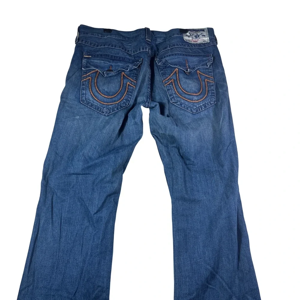 True Religion Straight Leg Jeans Mens 42 Blue Thick Stitch Flap Pocket Leather